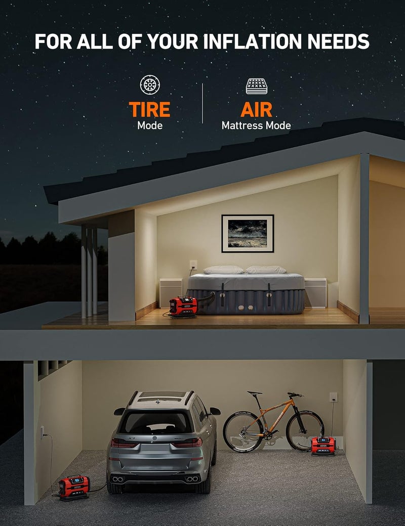 AstroAI مضخة هواء محمولة لضغط الإطارات 150 PSI 12V DC/110V AC مع محركات معدنية مزدوجة وضوء LED، ملحقات سيارات، وضعين للإطارات والسيارات والدراجات الهوائية والمطاطيات، أحمر - Image 5